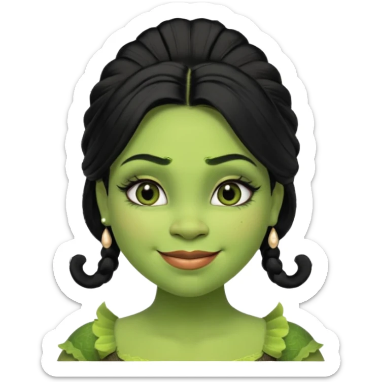 A beautiful girl Shrek, who has big eyelashes and had black hair. She has some makeup on too. She is dressed very very trendy. And she is smilingl. sticker