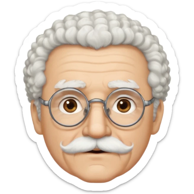 An elderly man emoji with light skin, fluffy curly white hair, thick white eyebrows, brown eyes behind black-framed glasses, a narrow pointed face, and a thin straight white mustache above his mouth. sticker