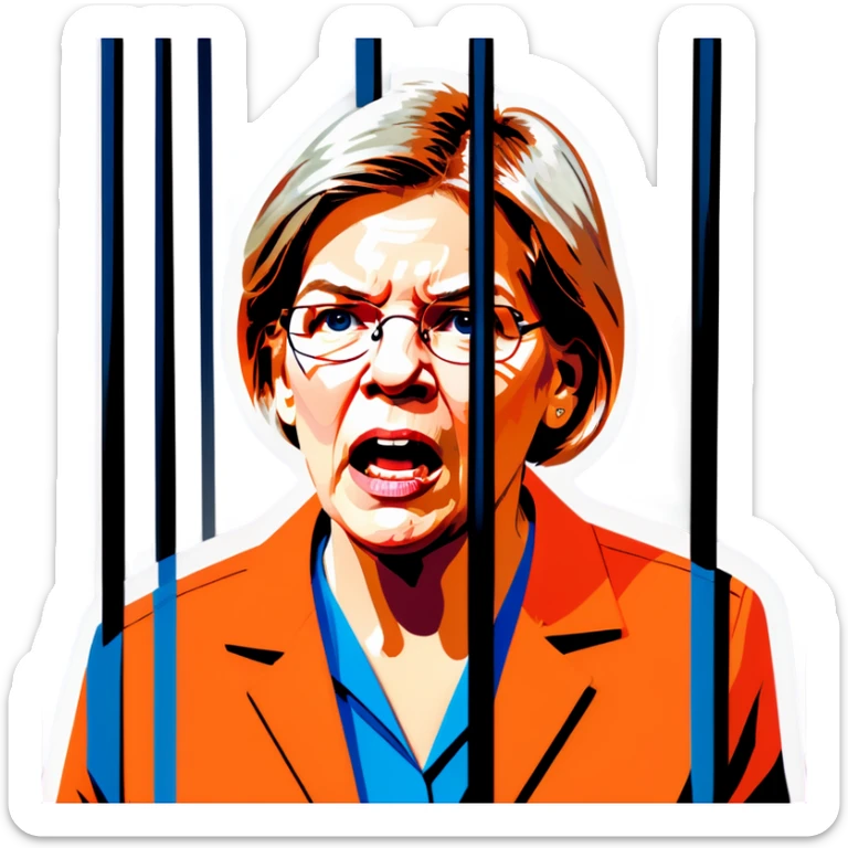 Make a picture of Senator Elizabeth Warren wearing an orange jumpsuit and behind bars make her look worried but only about herself more realistic sticker