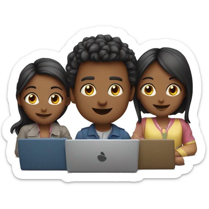 2 girl and 3 man each of them holding laptop and sit together  sticker