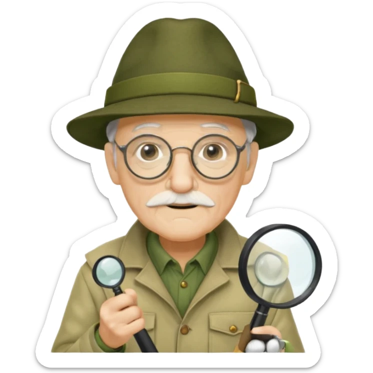 old man in beige moss green explorer outfit, wear black glass, hat, holding magnifying glass sticker
