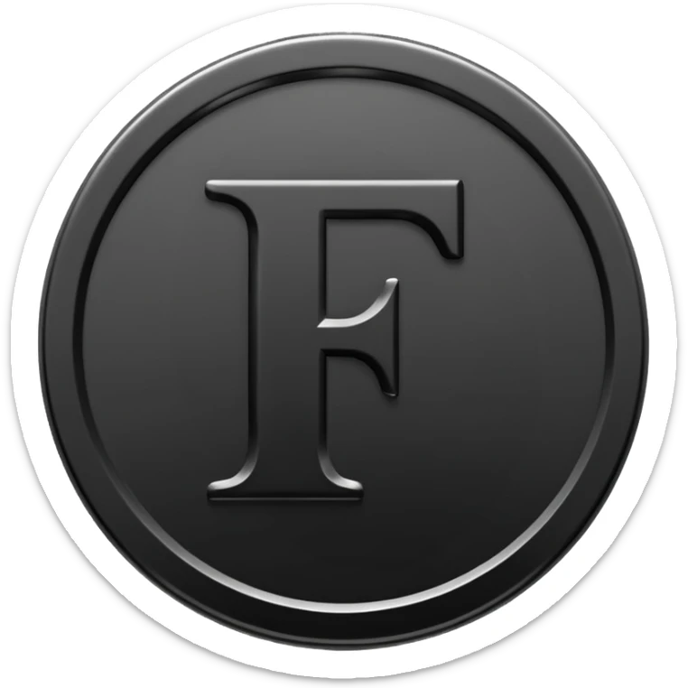 Emoji icon of a black coin with engraved letter F, minimalist style, isolated, no color sticker