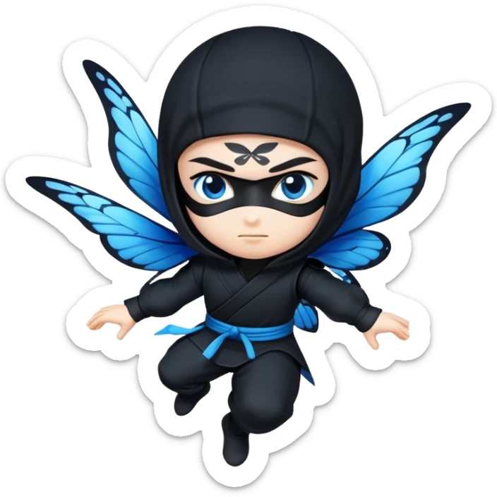 Crea un emoji para usar en WhatsApp con estos dos emoji 🥷🏻🦋.
Ninja vestido de negro con la piel blanca y una mariposa azul posada en su hombro izquierdo como si estuviera volando. sticker