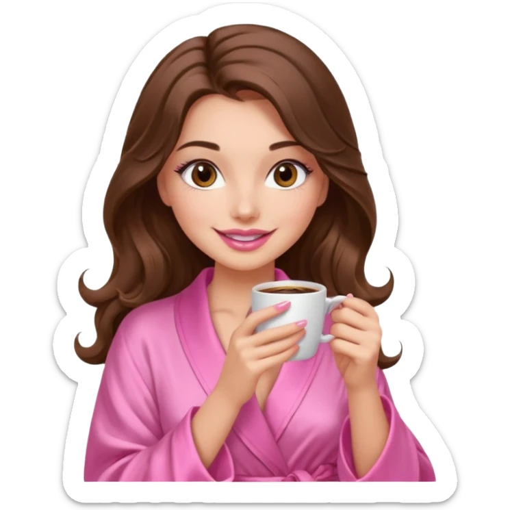 girl with long wavy brown hair, brown eyes, long lashes makeup, sexy pink lips, light to medium complexion, wearing a pink sexy silk top, smiling in a cozy pink robe drinking coffee sticker