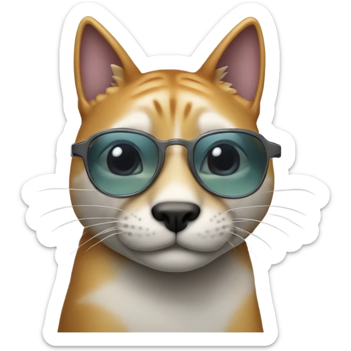 Tiburón con gafas y un gato gris con mucho pelo encima y con un arcoíris detrás  sticker