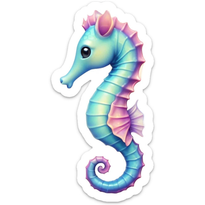 Cinematic Cute Sea Horse Portrait Emoji, Head tilted playfully and inquisitively, featuring a charming, petite seahorse with a softly curved body in pastel tones, a delicately coiled tail and round, sparkling eyes full of gentle wonder, Simplified yet irresistibly adorable features, highly detailed, glowing with a warm, inviting aquatic glow, high shine, affectionate and lively, stylized with a touch of enchanting marine charm, soft glowing outline, capturing the essence of a mischievous yet loving seahorse that seems as if it could float out of the screen into your arms! sticker
