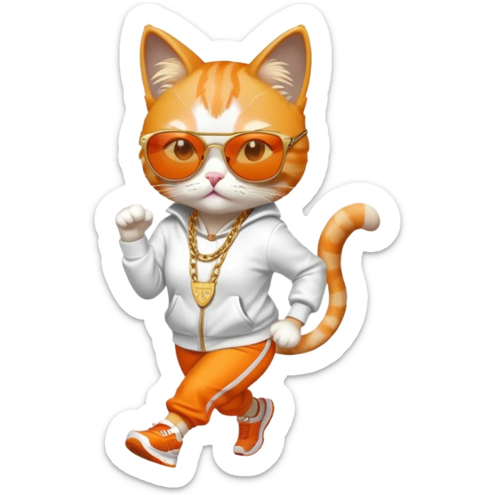 female cat wearing Run DMC hip-hop outfit, gold chains, dark sunglasses, jogging sticker