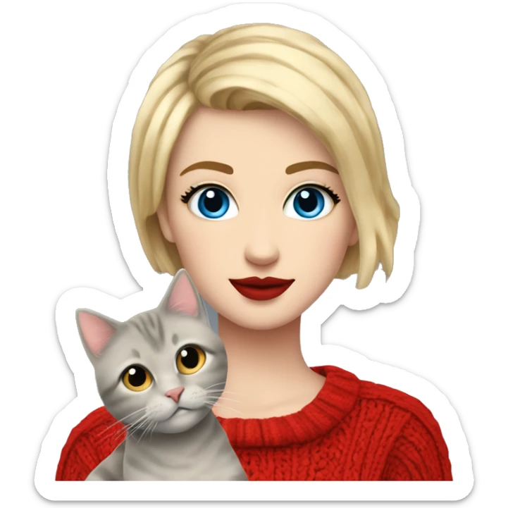 hey girl with a short blonde hair and a fringe with blue eyes long eyelashes and red lipstick on with a red cable knit sweater on holding a grey cat sticker