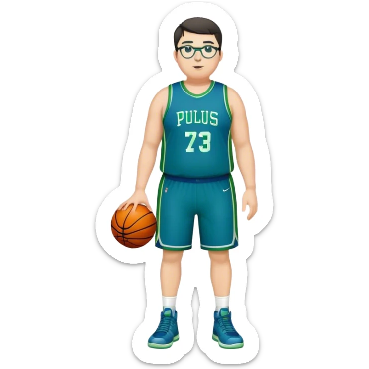 Full Body plus size white male with dark short hair  tall basketball player wearing glasses wearing blue green uniform sticker