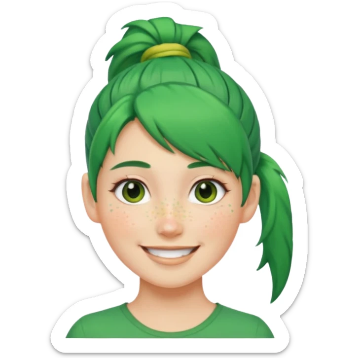 A woman with green hair tied in a ponytail, smiling. sticker