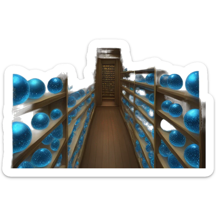 The shelves in the Hall of blue Prophecies are tall and endless, lined with thousands of glass orbs containing prophecies. Each orb glows faintly, housing a record of a prophetic revelation, guarded by magic and accessible only to those directly involved  sticker
