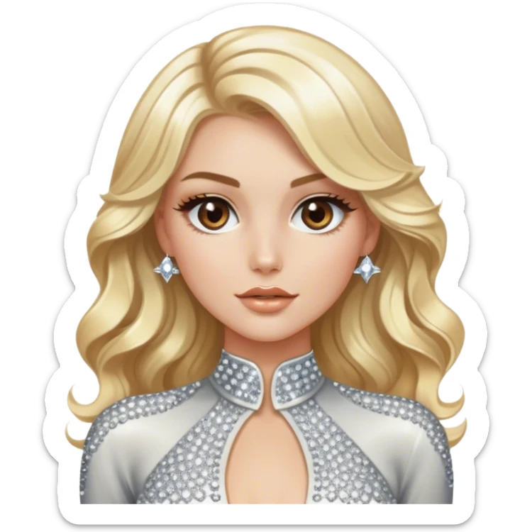 Luxury blonde model, brown eyes, sleek wavy hair, diamanté rhinestone covered jumpsuit  sticker