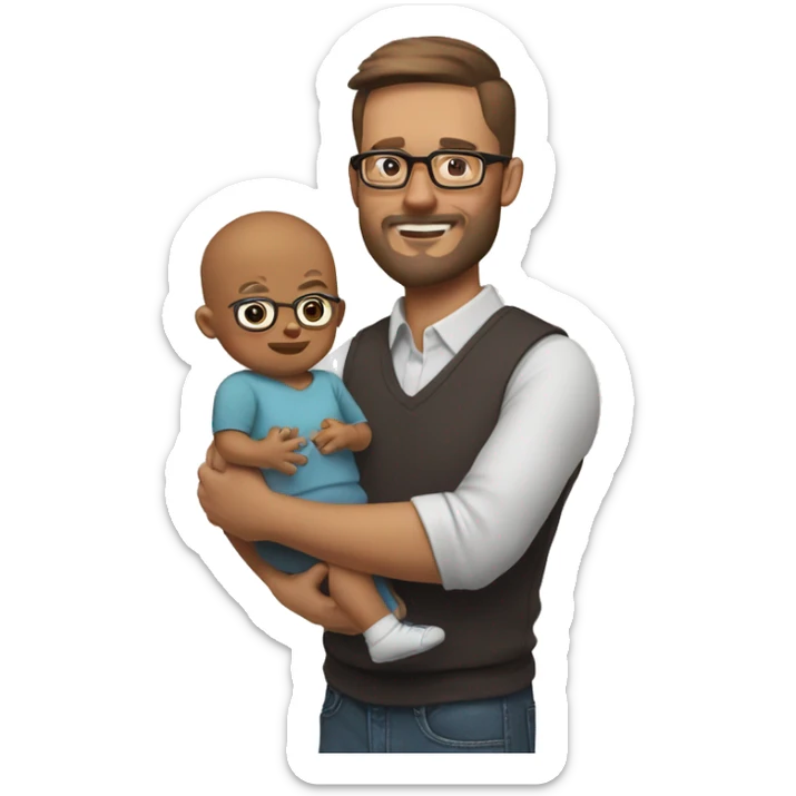 Dad brown short hair and glasses with 3 day beard with baby no hair (4 Month old) holding him on arm. Dad is a stock investor sticker