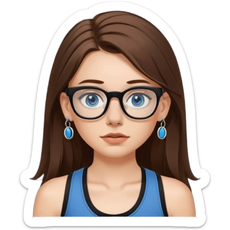 WHITE girl with long brown hair, part going more to the RIGHT side, BLUE eyes, wearing BLACK rectangle plastic frame glasses. SEPTUM nose piercing hoop (at bottom of nose) AND stud nose piercing on right side of nose. Wearing BLACK tank top. sticker