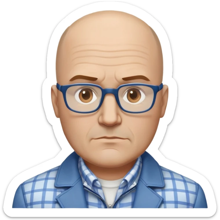 50-year-old heavyset man with very wide face and prominent square jawline. Little to no hair on the sides with some hair on top, balding pattern. Large dark square glasses. Serious-relaxed expression. Light gray jacket that fits his larger frame, white shirt with blue checkered pattern. sticker