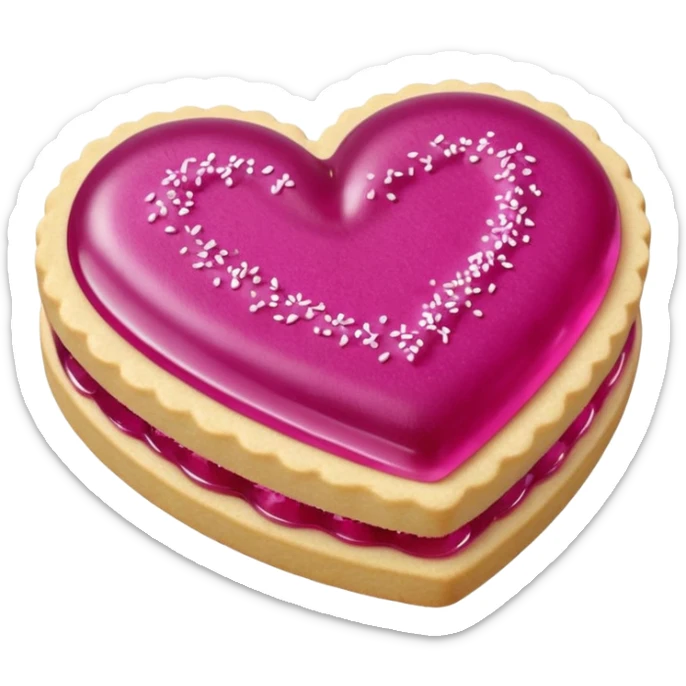 Realistic shortbread cookie in the shape of a heart with Fuchsia color jelly middle filling and sprinkled powder sugar on top. sticker