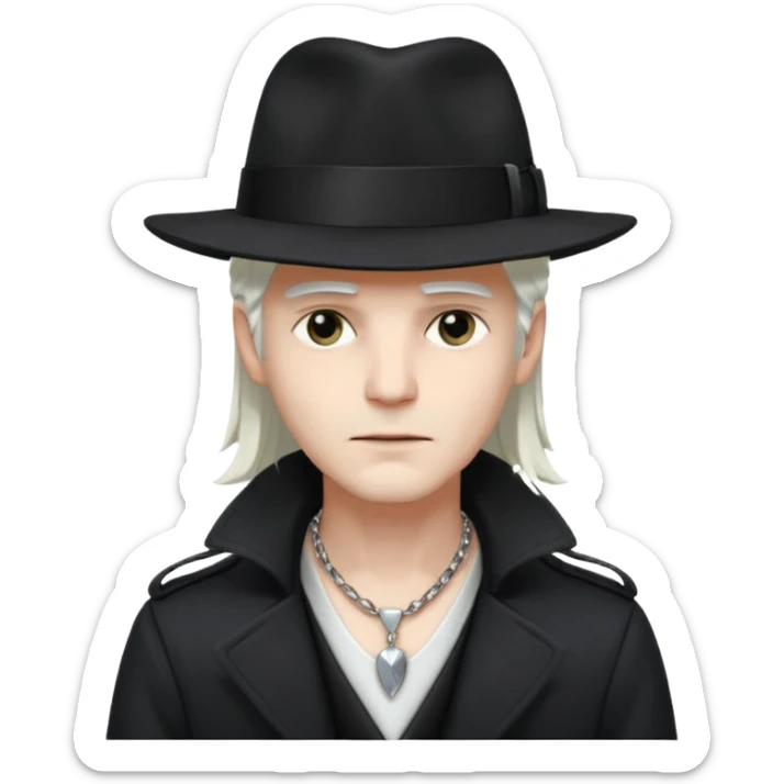 Male Goth with Fedora
 Sleek long hair, white skin, black trench coat, silver necklace visible under coat, white long hair sticker