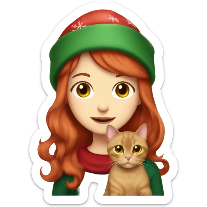 cherry red hair cute girl holding burmese brown cat in christmas cap sticker