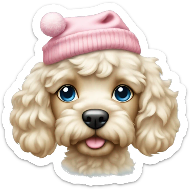 Cream cockapoo puppy whole body with pastel blue eyes, and with pink Christmas hat sticker