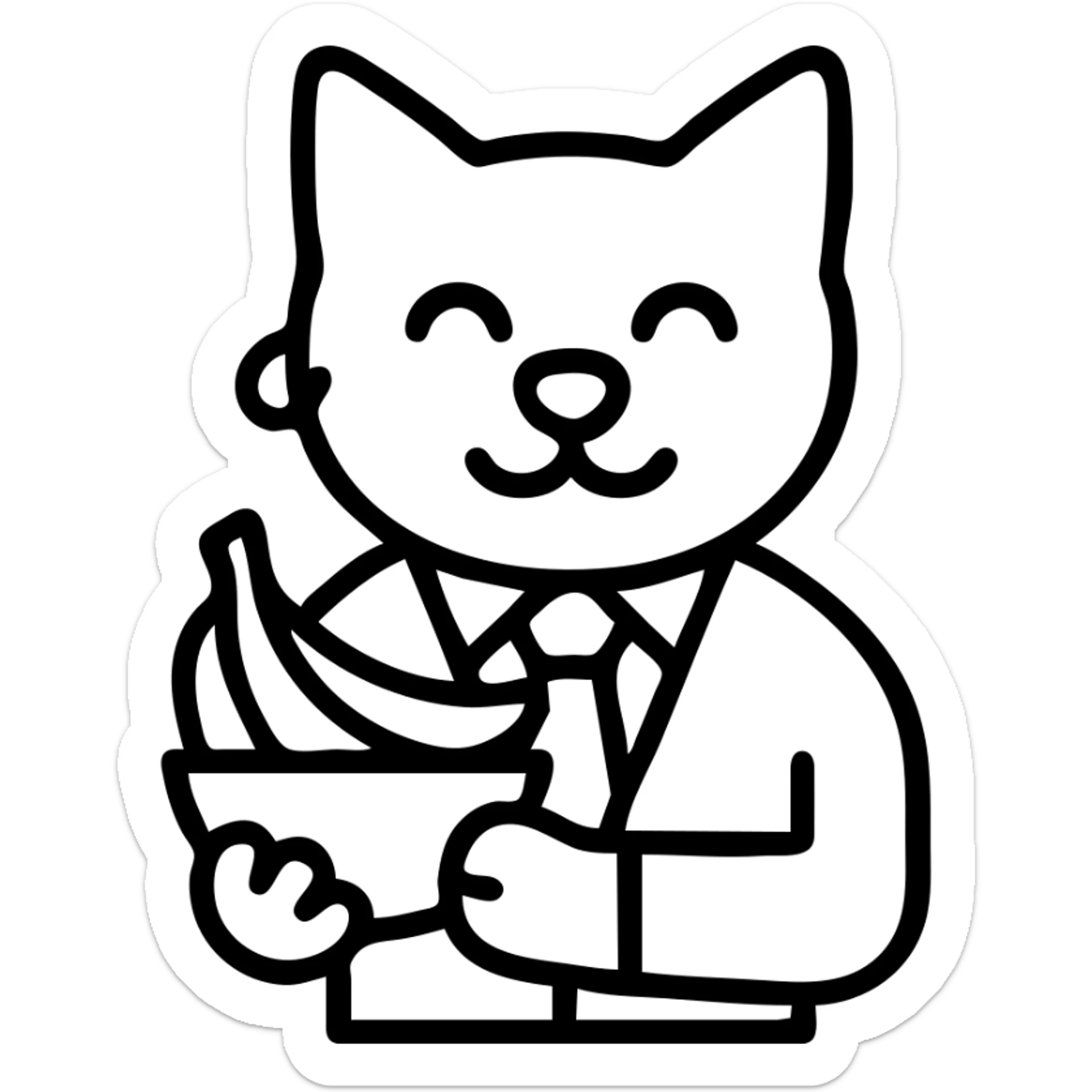 cat with a dog nose, wearing a suit, earring, holding a cup of bananas, playful expression sticker