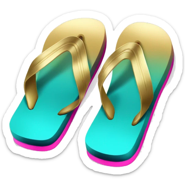 Realistic metallic gold ,hot pink and dark turquoise gradient pair of summer flip flops isolated. sticker