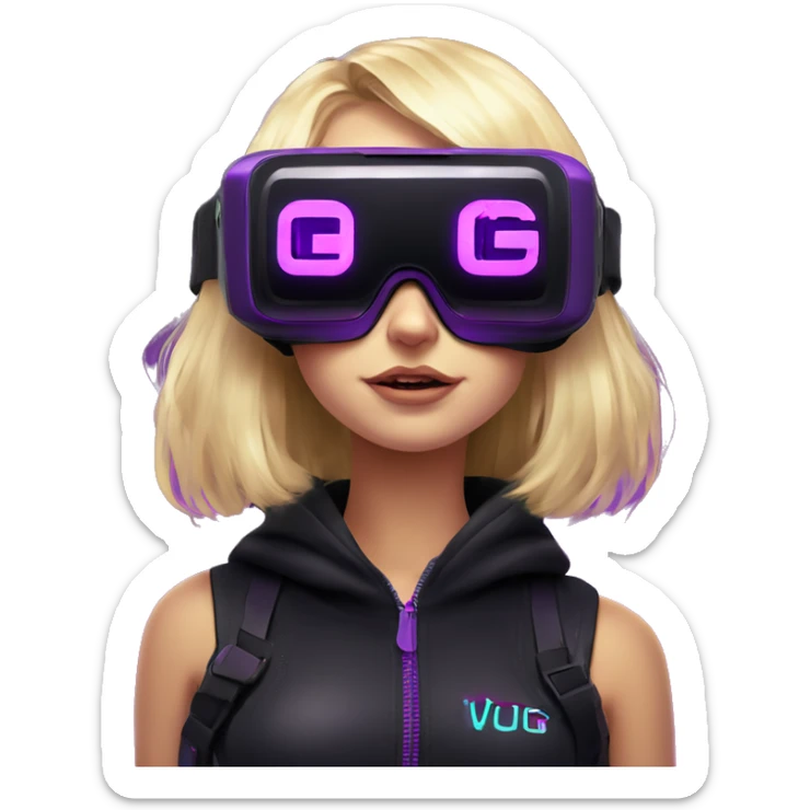 Russian cute blond girl wearing black hoody with violet letters "OMG", in vr headset. Cyberpunk style. Violet neon. sticker