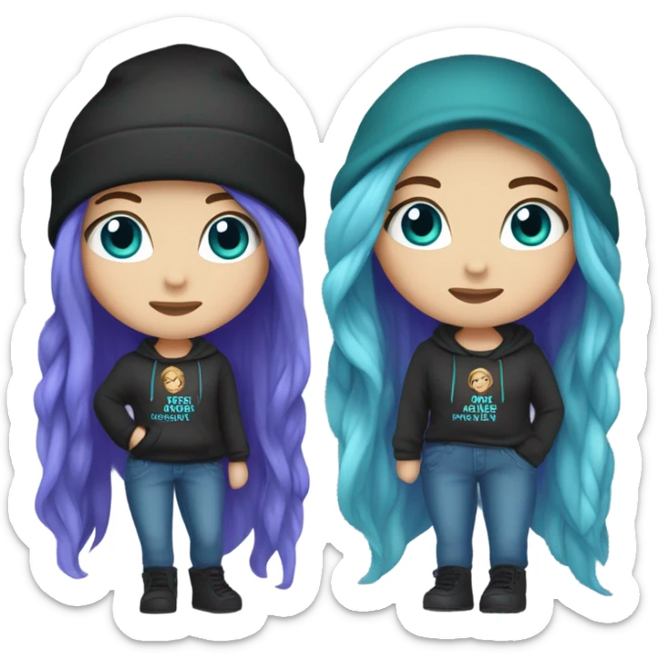 White girl, blue eyes, long teal hair, purple beanie hat, black hoodie, blue jeans, black shoes sticker