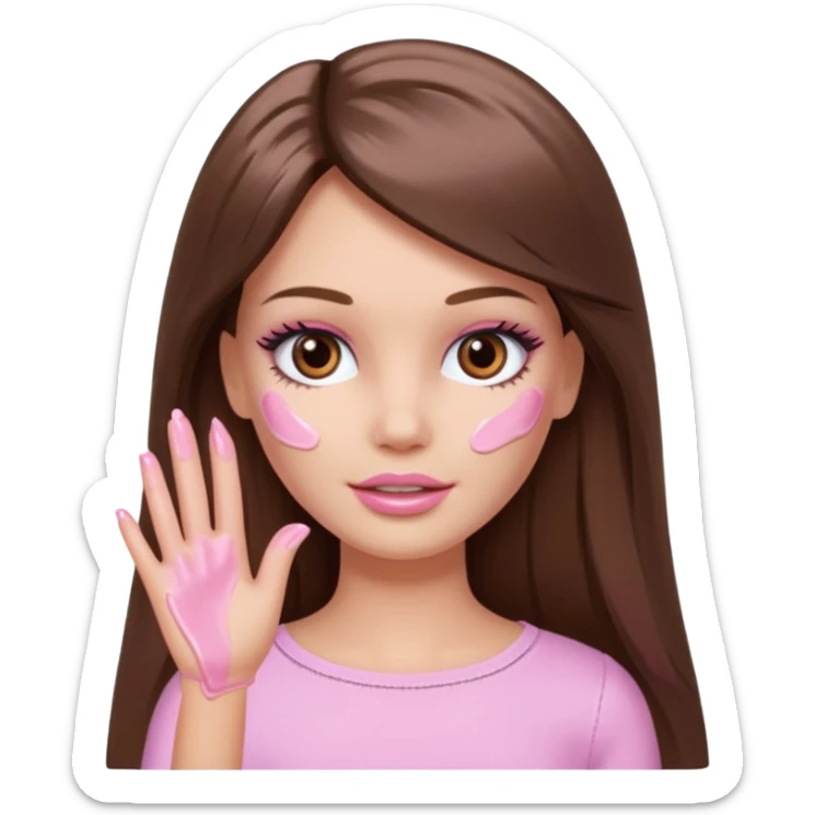 Barbie girl a brown long Straight hair and brown eyes is In pale pink smears by hand cosmetic cream on her face sticker
