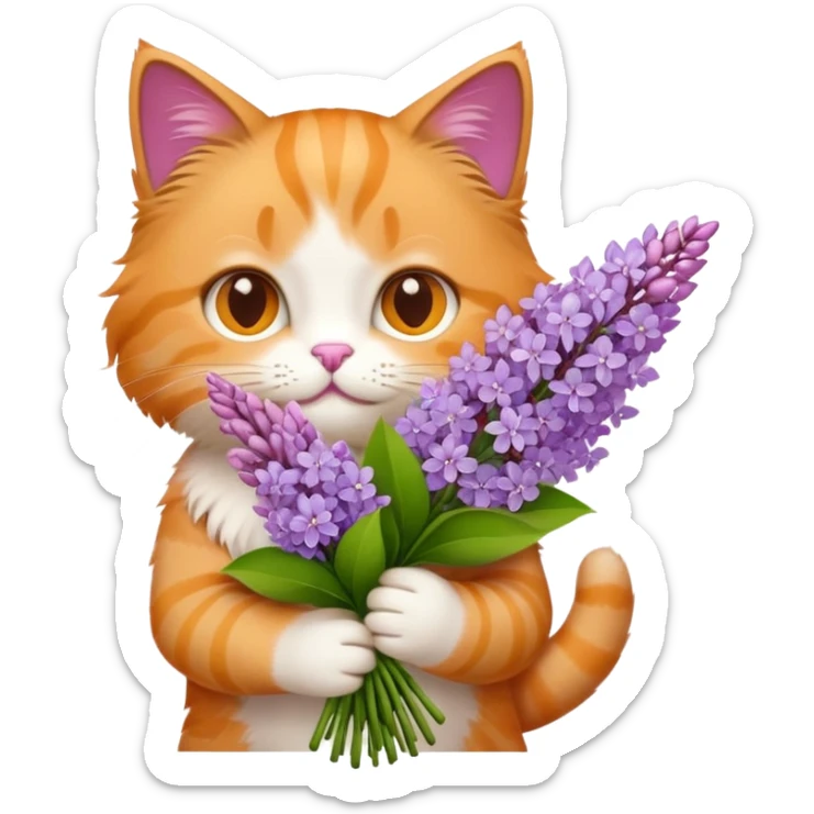 cat holding a bouquet of purple lilac flowers in hand, emoji style sticker