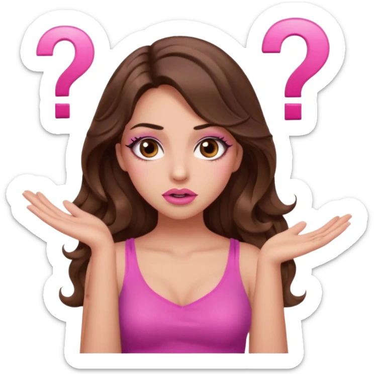 girl with long wavy brown hair, brown eyes, long lashes makeup, sexy pink lips, light to medium complexion, pink sexy top,, shrugging with both hands, confused, question mark sticker
