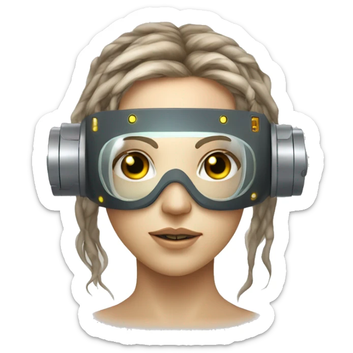 female cyborg head, fair skin, Brown long hair with blonde steaks, space age goggles and circuits sticker