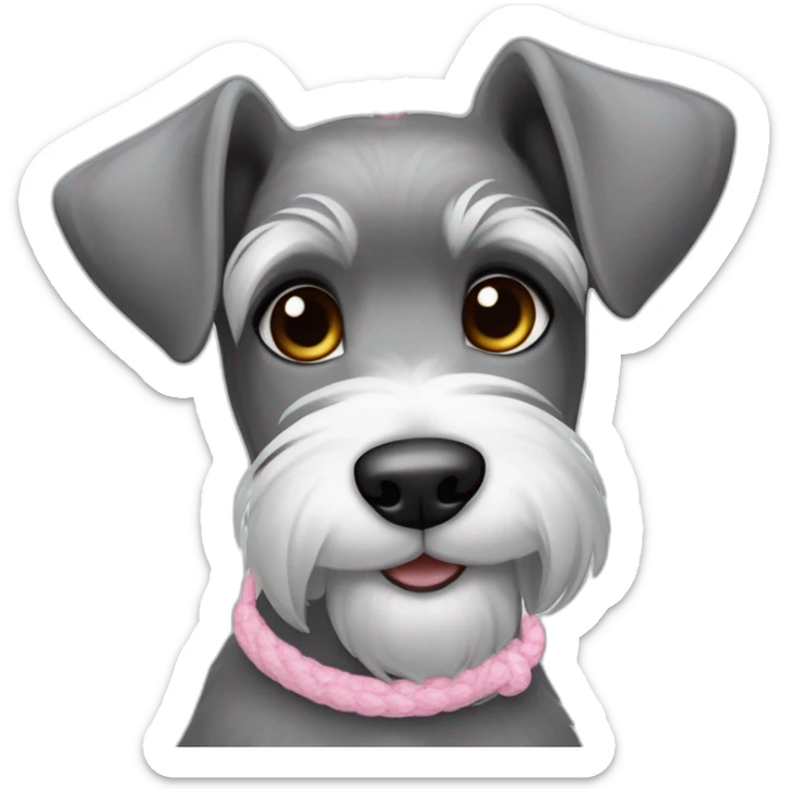 female dog color "pepper and salt" breed medium Schnauzer with hanging ears hanging ears and a pale pink string around its neck sticker