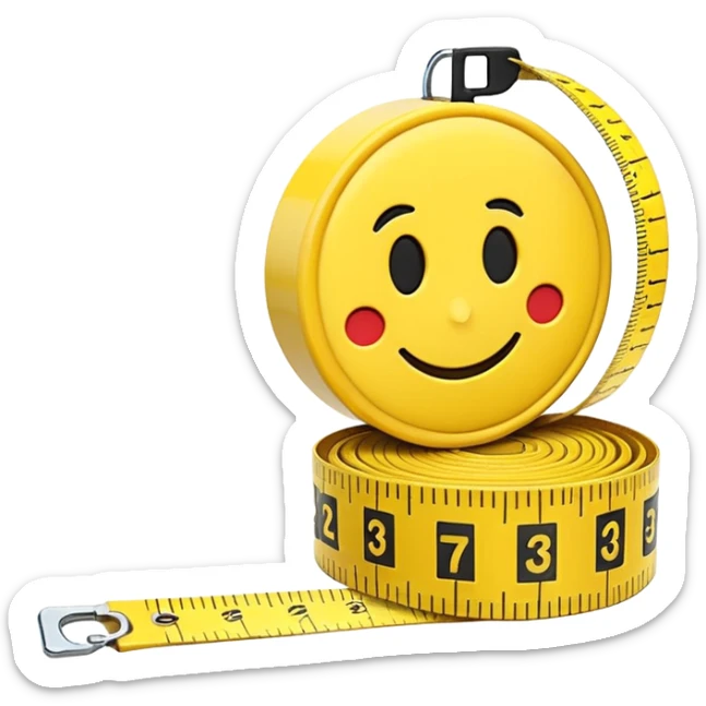 A 3D emoji-style yellow measuring tape, rolled in a spiral with black markings, realistic light and shadow, minimalistic background, vector-like clean design. sticker