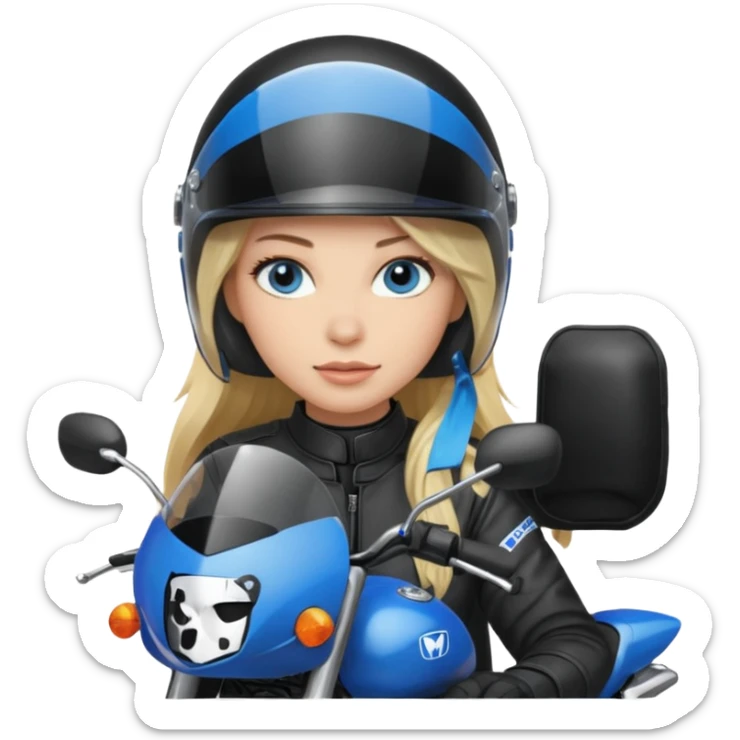 moça loira de cabelo comprido e olhos azuis com capacete em moto honda 150 preta sticker