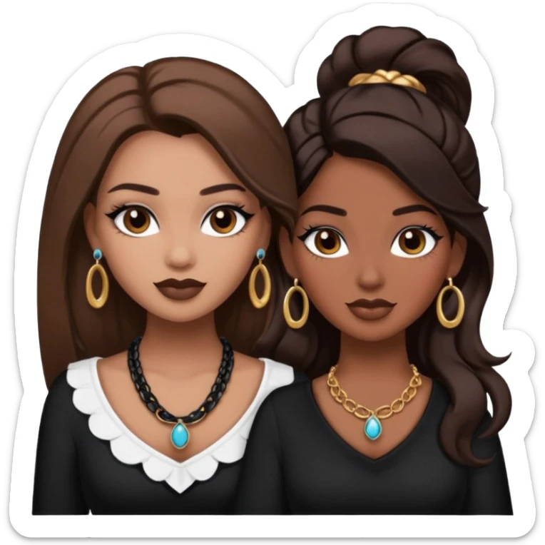 Boujy baddie best friends, trendy heavy makeup both dark hair one light skinned and one mocha brown pretty hair style both wearing black and earrings and necklace one mocha brown skin sticker