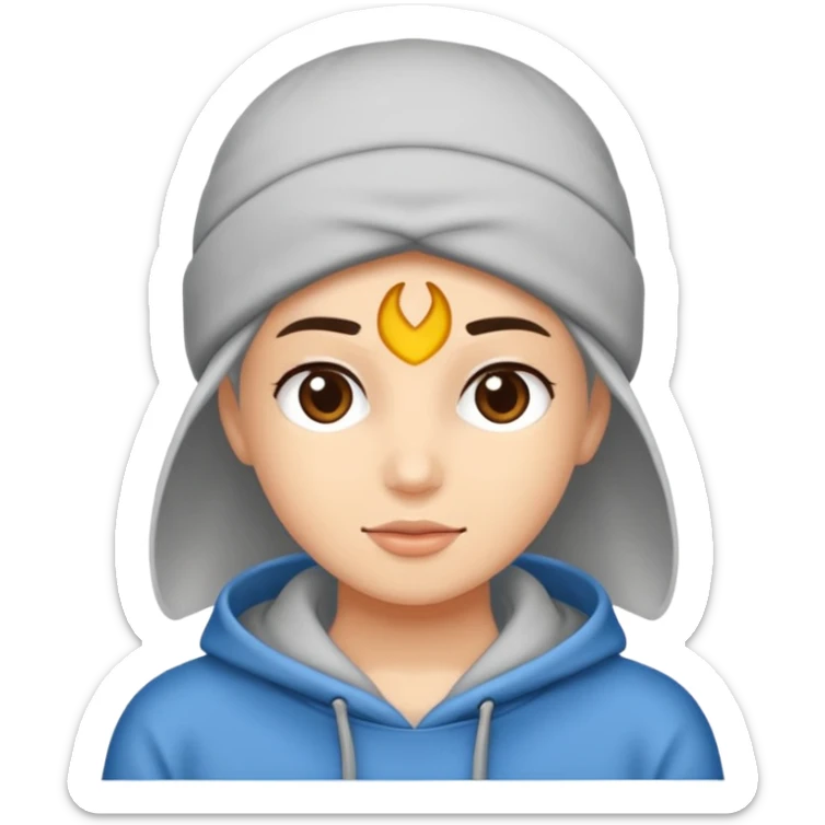 Saçı arkadan bağlı beyaz tenli kirli sakallı 24 yaşlarında üzerinde gri kapüşonlu sweat olan bir erkek çiz sticker