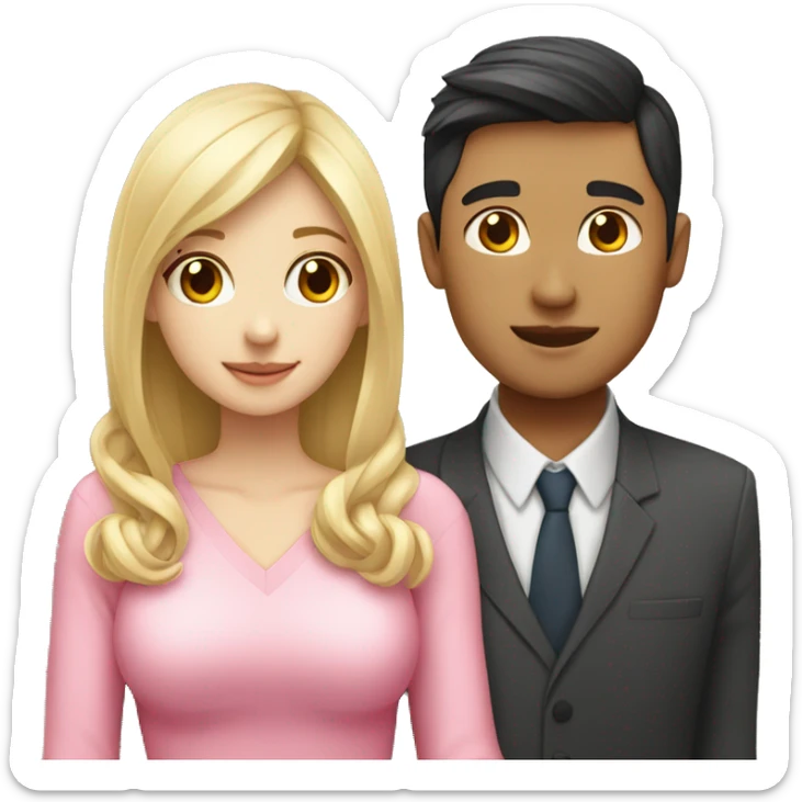 Blonde girl and Asian guy couple with pink heart sticker