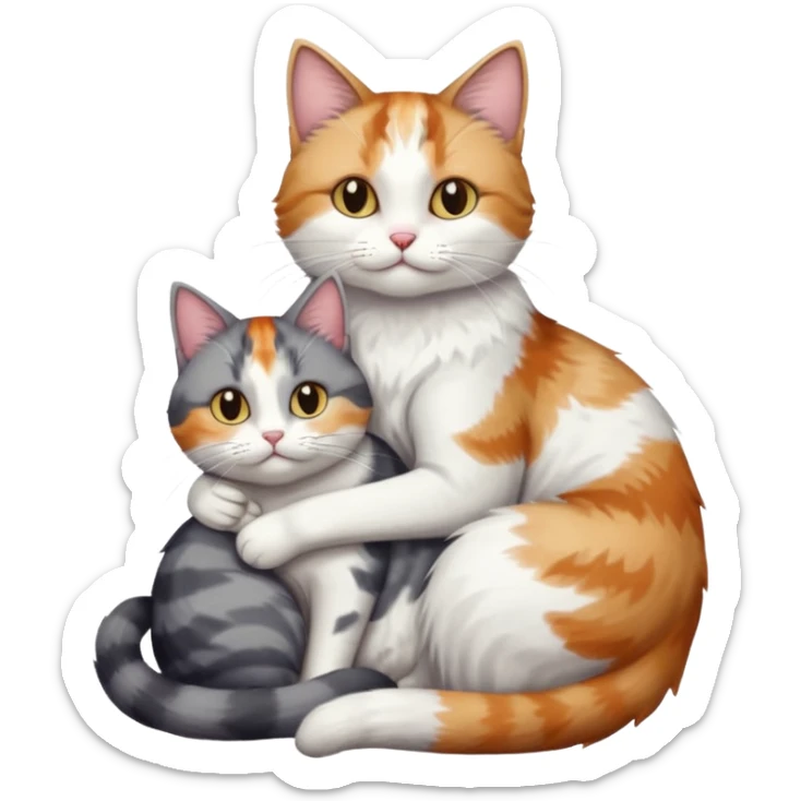 full body colourful light patched calico + white tabby cat cuddling a grey and white cat  sticker