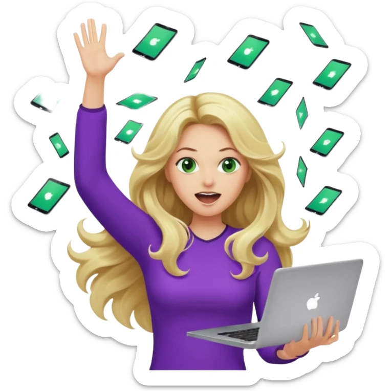 lady with long blonde wavy hair, purple top, green eyes throwing her with a laptop hands in the air screaming sticker