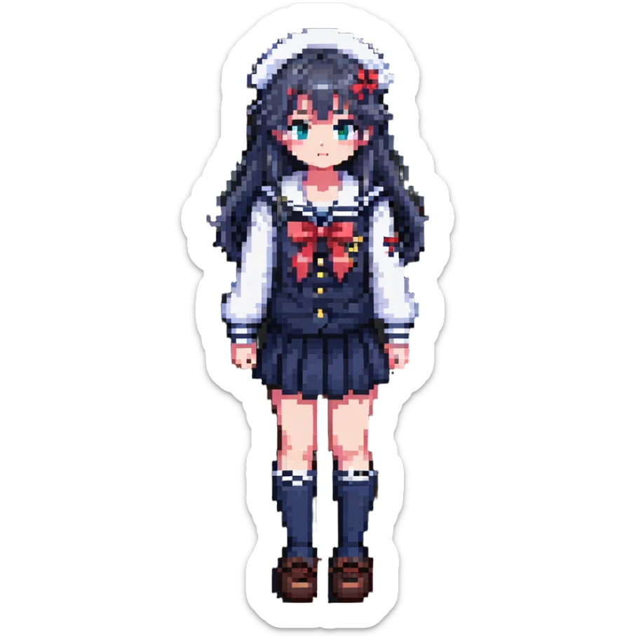 Japanese anime schoolgirl with classic sailor uniform in pixel art style sticker