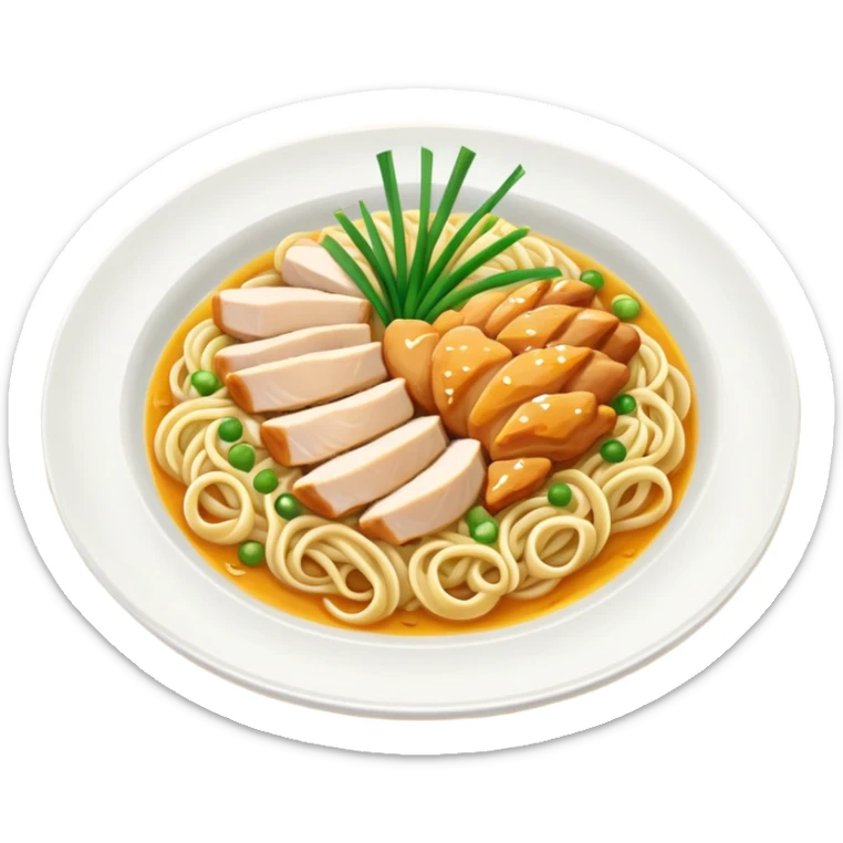A plate of noodles with yellow sauce and chicken at the top sticker