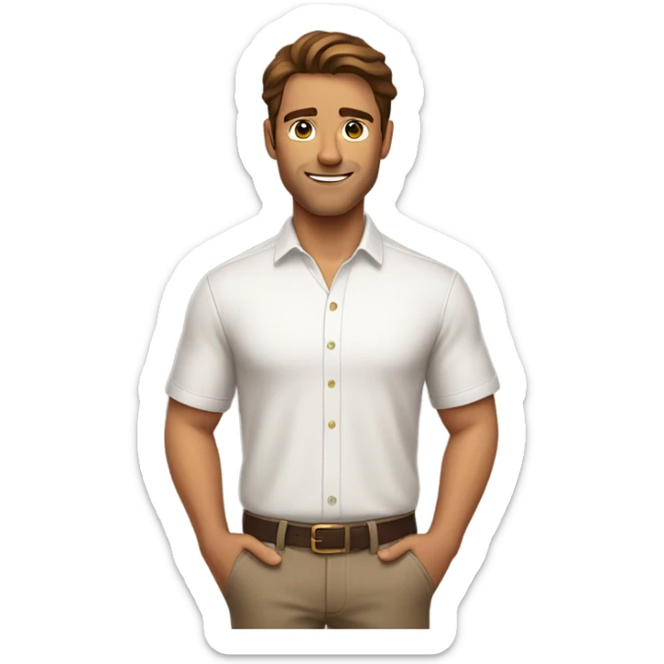 A waist up shot of a handsome tan man with brown hair wearing a white shirt sticker