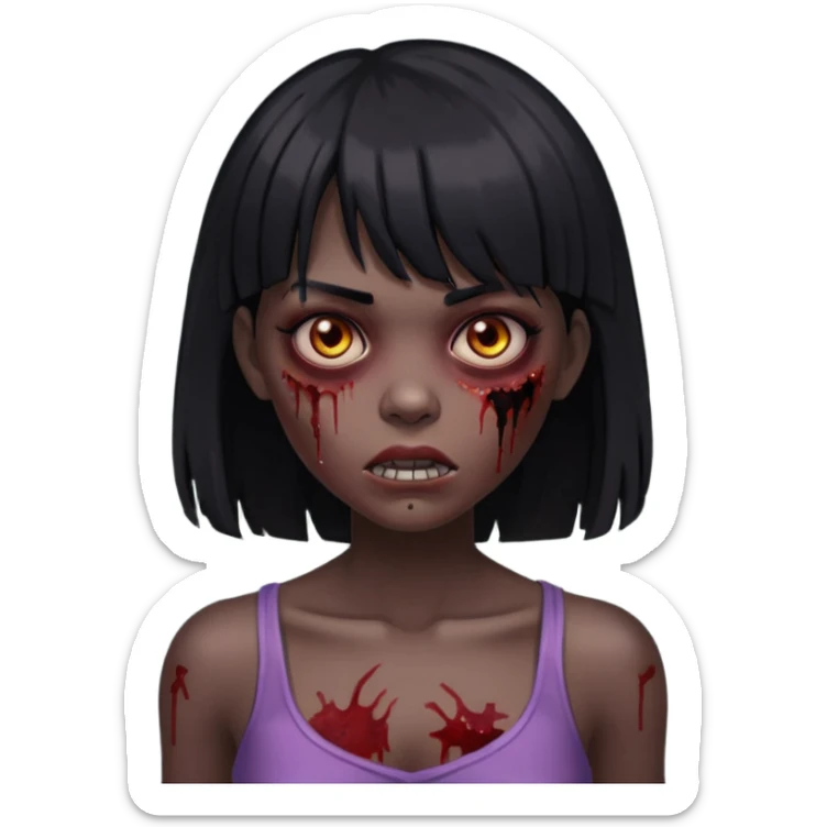 Um zumbi feminino, com cabelo preto e franja, machucados pelo rosto e torso, fundo escuro destacando o rosto com sombras sticker
