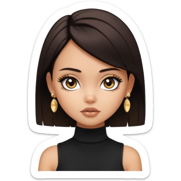 generate a pretty bratz girl in black cami top, dark brown straight short hair, eyeliner on. dark brown eyes. Wearing sleeveless white turtleneck, gold stud earrings sticker