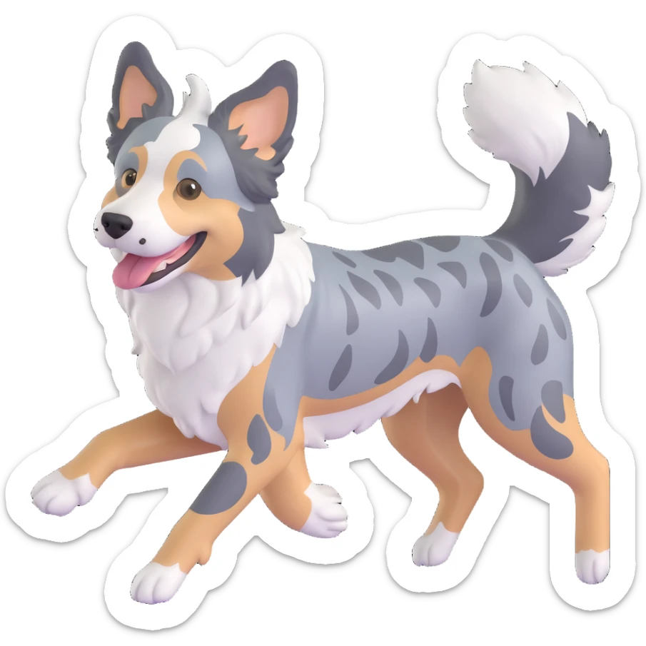 berger américain merle bleu (poil noir plutot que gris/bleu, blanc et marron)  en train de courir sur plage  sticker