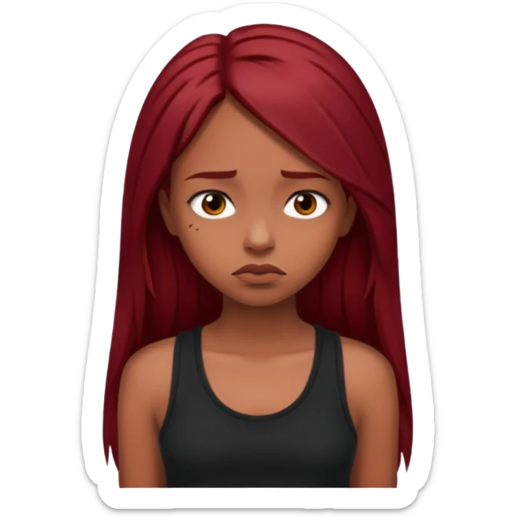 a brown girl with straight long dark red hair, black tank top, . Looking sad sticker