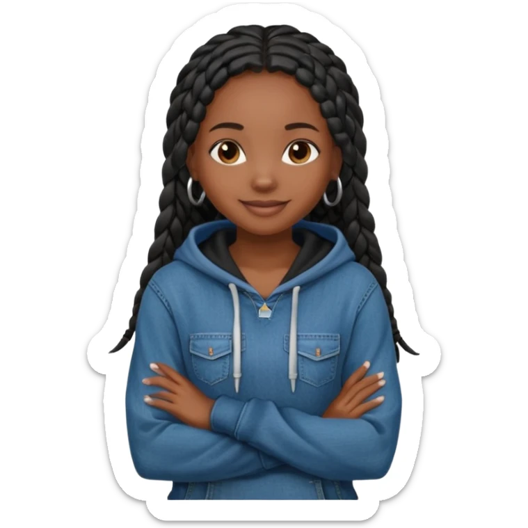 African American dark skin girl with long black box braids wearing a plain black hoodie with denim skinny jeans with arms folded across chest sticker