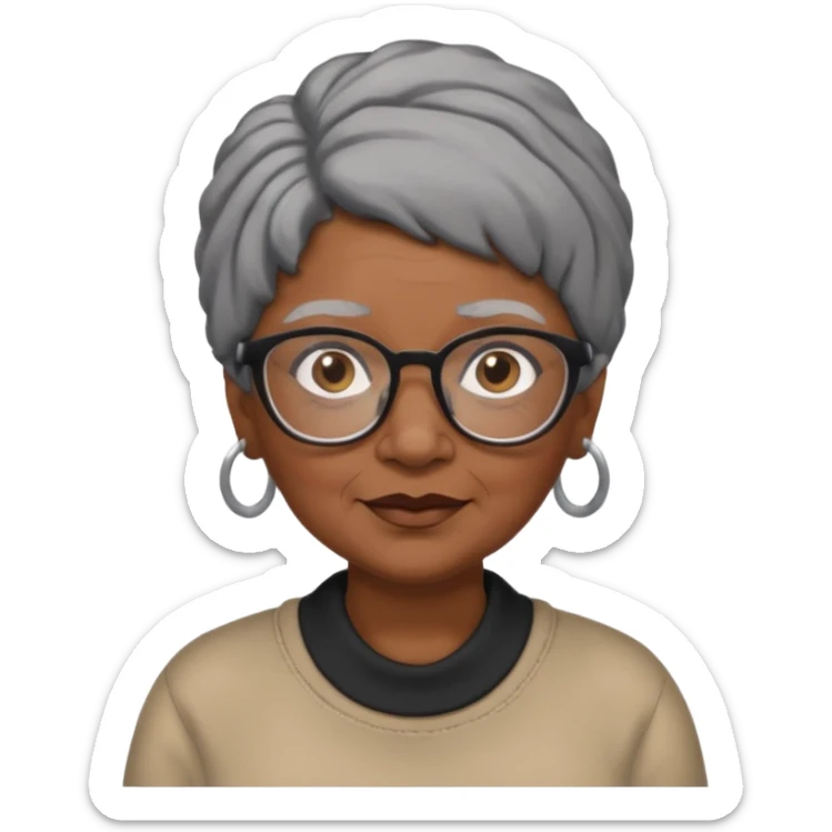 emoji of a black grandma women with black and gray hair in a low ponytail with glasses and brown eyebrows sticker