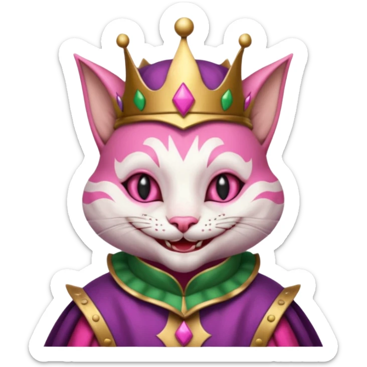 court jester cat medieval, single poker card joker clearly visible, pink, face only sticker