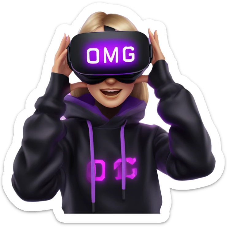 Russian girl wearing black hoody with violet letters "OMG", in vr headset oculus quest2. Dancing. Cyberpunk style. Violet neon. sticker